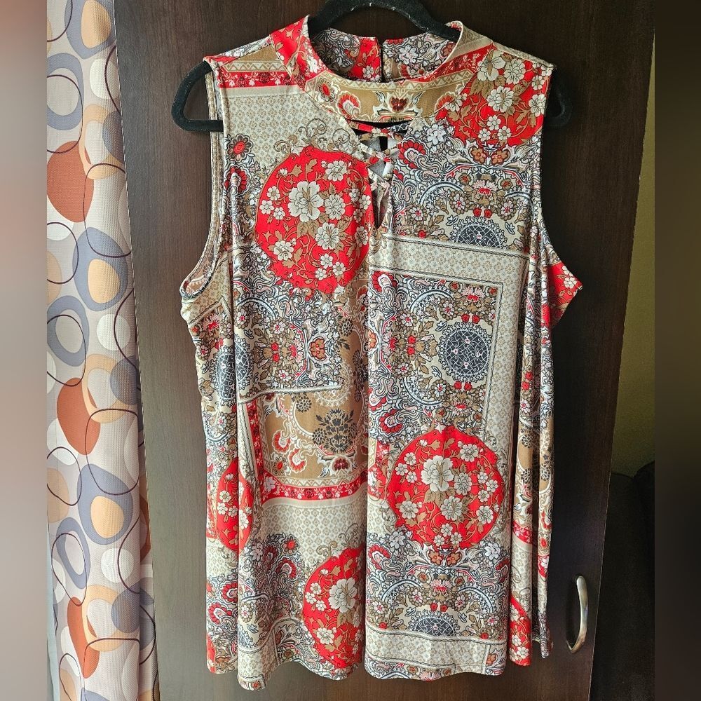 Cato Red and Beige Floral Long Blouse Size XL